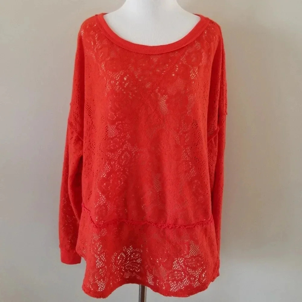 Free People Orange Floral Lace Sweater S